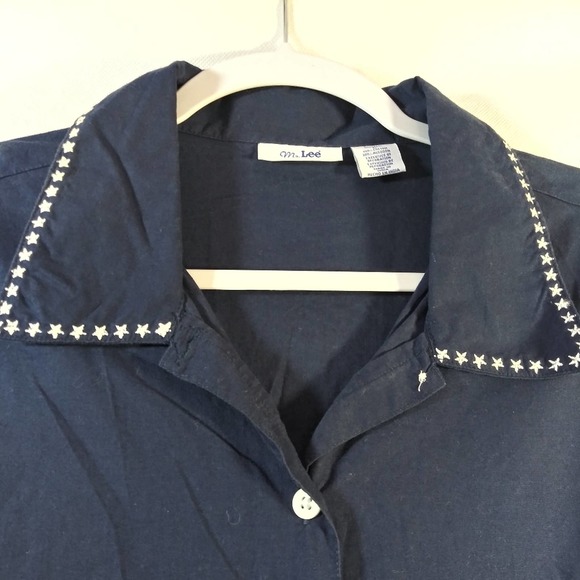 Ms Lee Blue Cotton Short Sleeve Button Up Casual Patriotic Size L - Picture 4 of 5